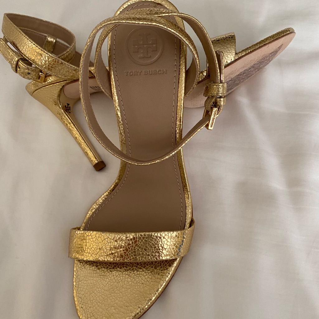 Tory Burch Gold Open Toe Elana Heel Sandals (Size 6m)